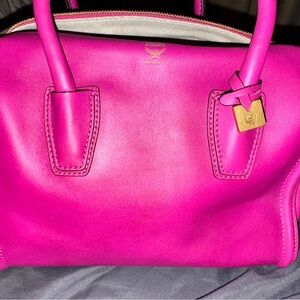Vibrant MCM Pink Leather Satchel with Metallic Accents